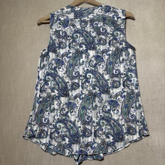 Tommy Hilfiger Sleeveless Paisley Ruffle Button Blouse Flowy Semi Sheer Sz Small - Picture 2 of 7